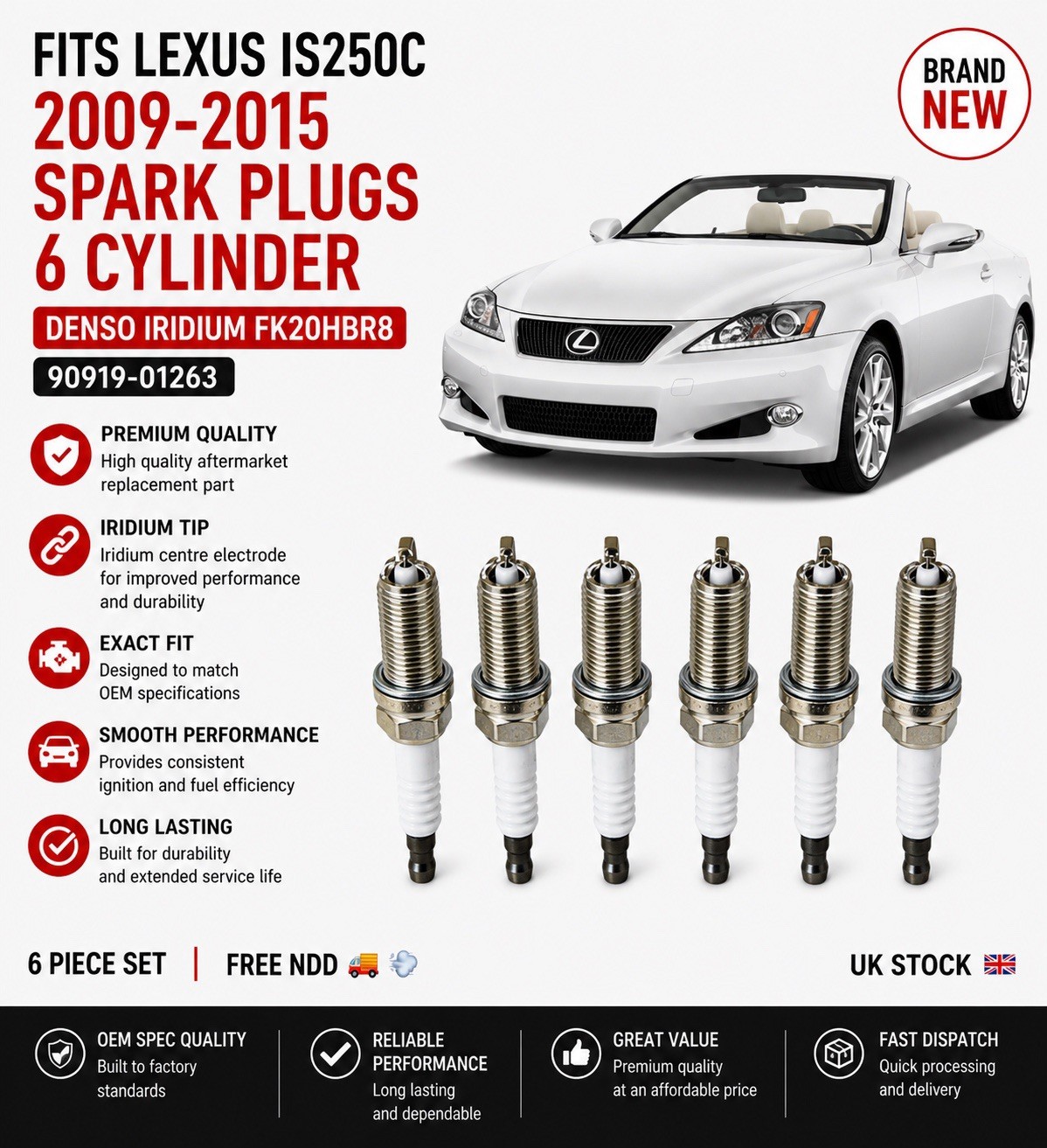 Lexus IS250C Spark Plugs 6 Cylinder Denso Iridium FK20HBR8 90919-01263 OE Style