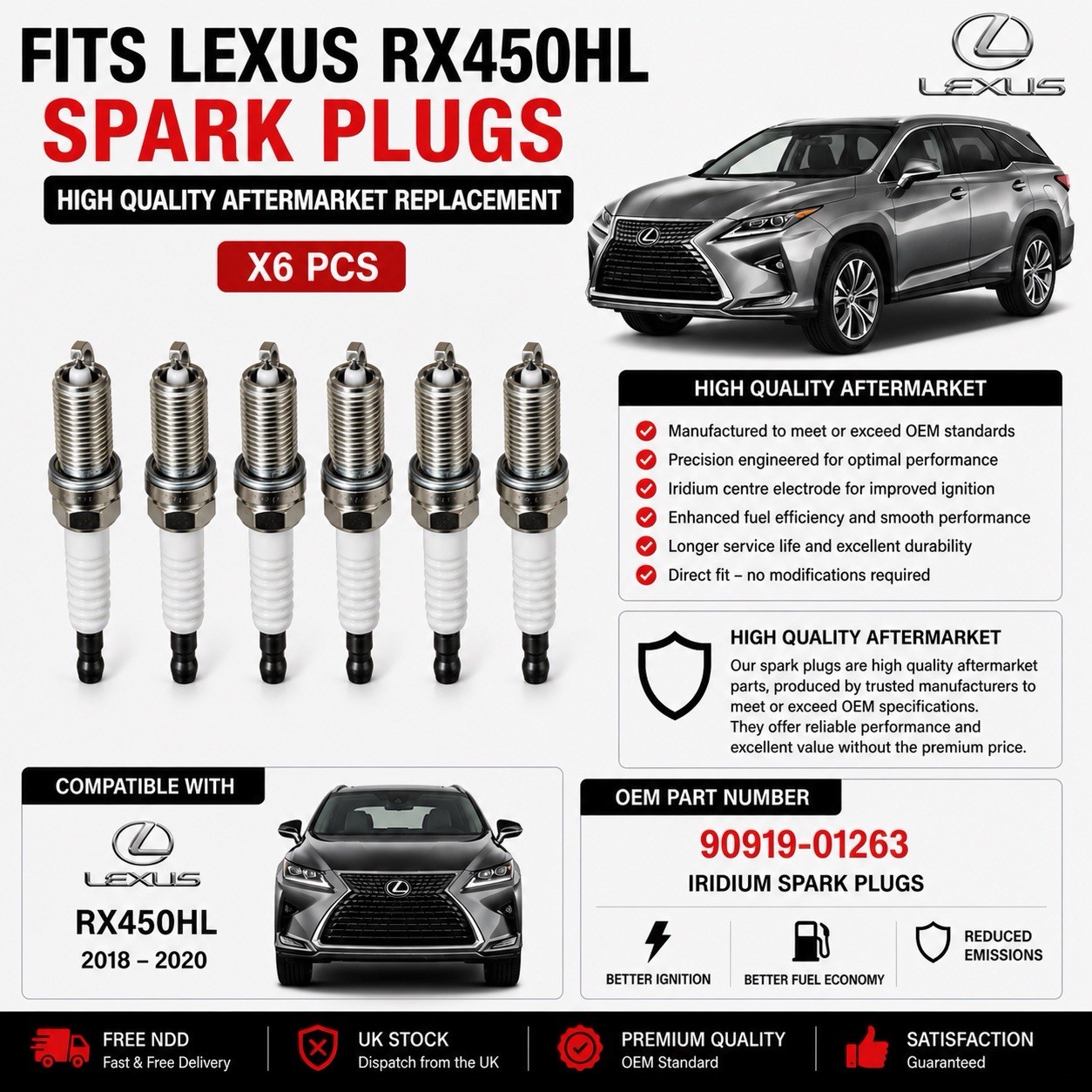 Lexus IS250 05-15, RC350 14+, ES350 18+ 6PCS Iridium Spark Plugs OE Style