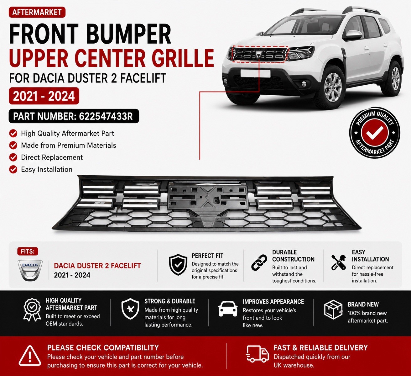 Front Bumper Upper Center Grille For Dacia Duster 2 Facelift 2021-24 622547433R OE Style