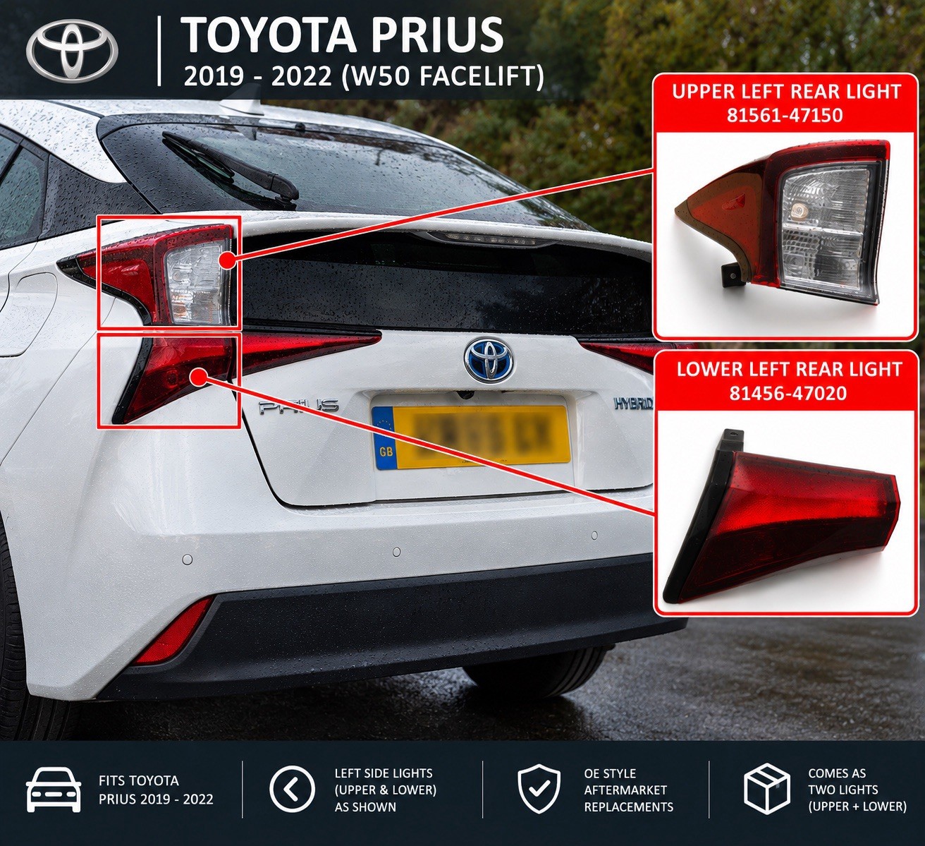 Toyota Prius 2018-2022 LED Rear Lights Upper & Lower Wing Lamps Left Side - New OE Style