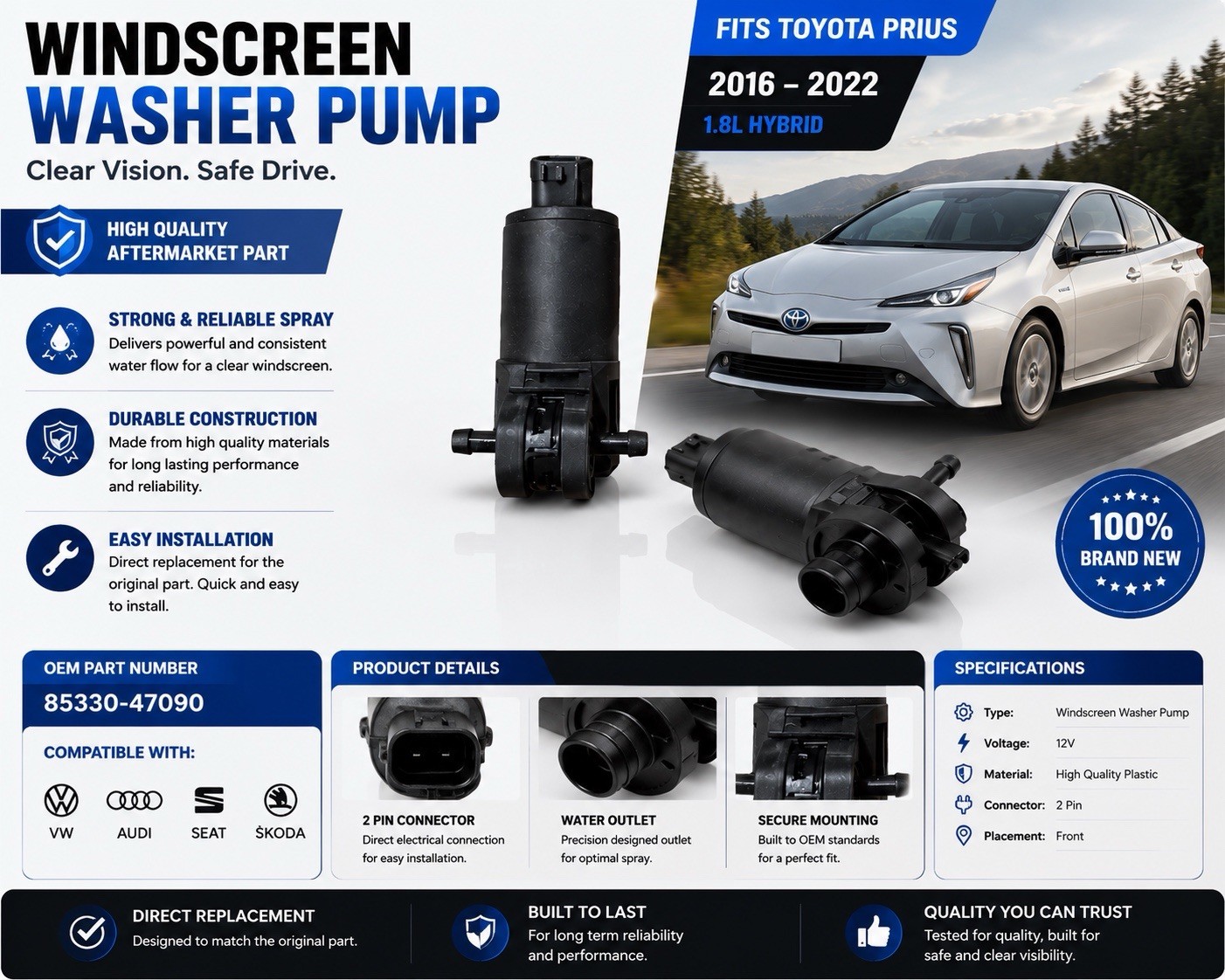 Toyota Corolla / C-HR 2016-2019 Windscreen Washer Pump 85330-0E030 - New OE Style