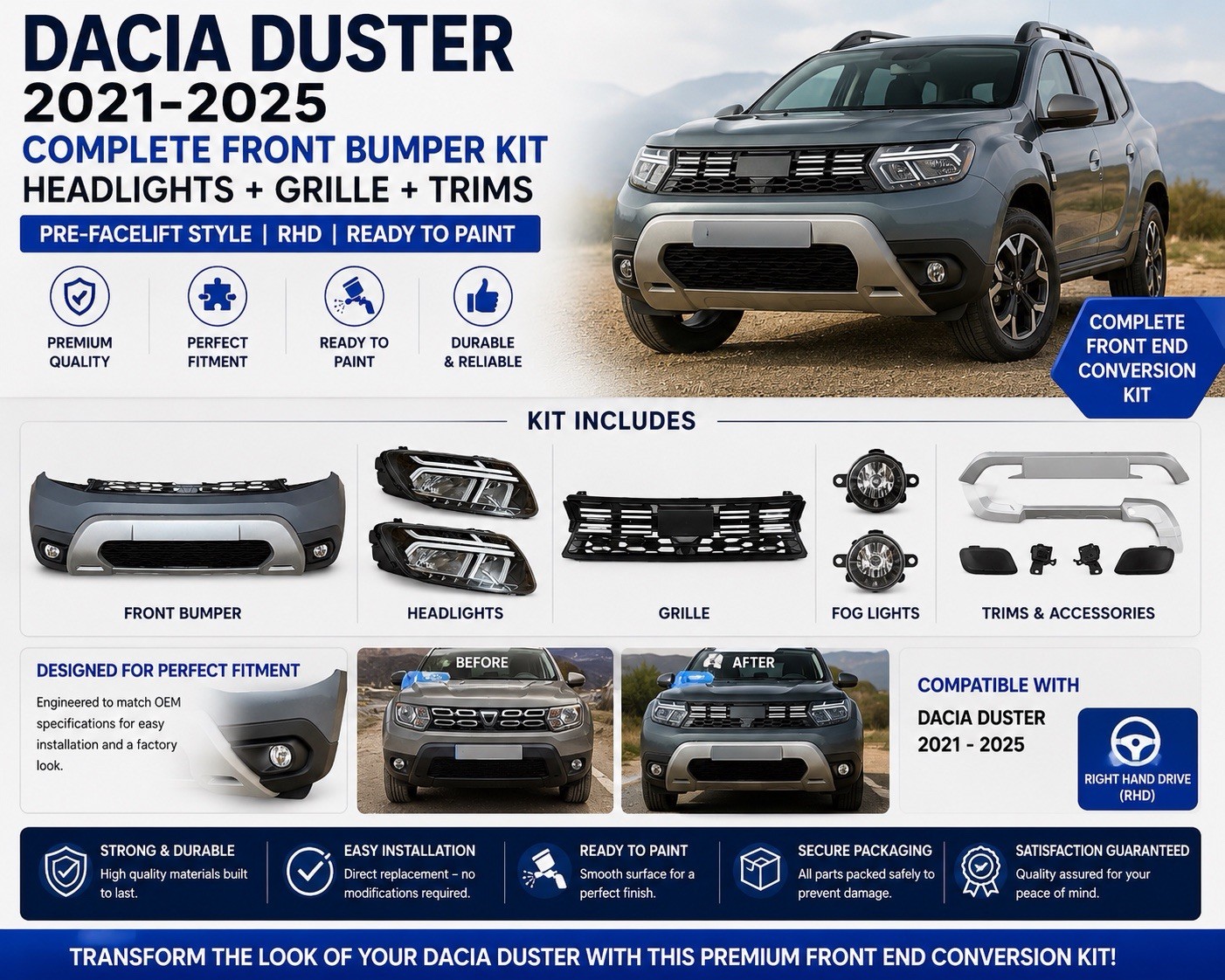 Dacia Duster 2020-2024 Complete Front Bumper - Front End with Grille & Trims - New OE Style