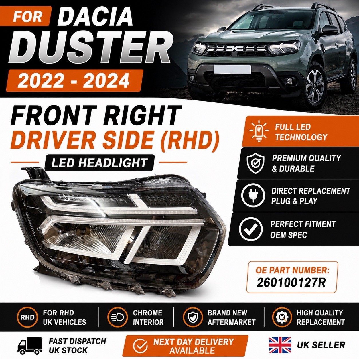 Dacia Duster 2022-2024 Front Right Driver Side LED Headlight 260106194R - New OE Style