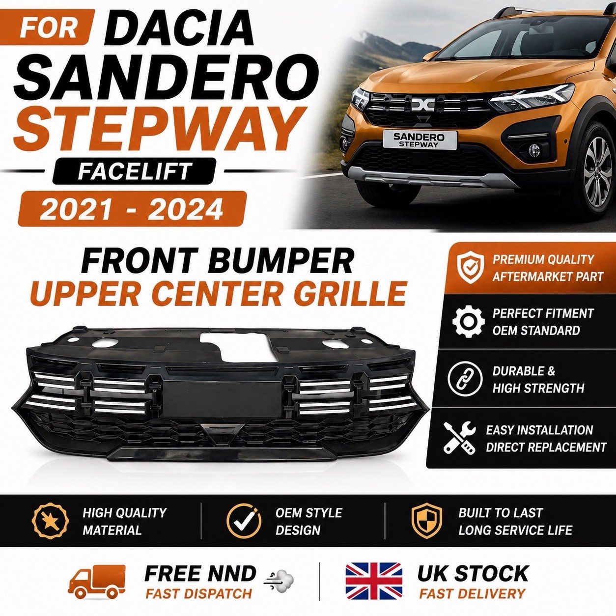 Dacia Sandero Stepway Facelift 2021-24 Front Bumper Upper Centre Grille - New OE Style